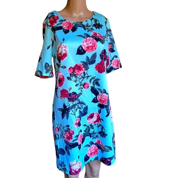 👗📏CeCe Woman's Blue Floral Sheath Dress Boat Neckline Knee Length Size Small - Picture 6 of 10